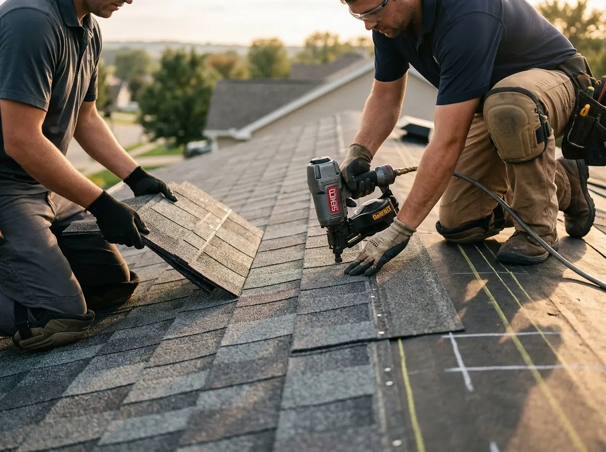 Professional roofer working on a residential roof in Desert Hot Springs